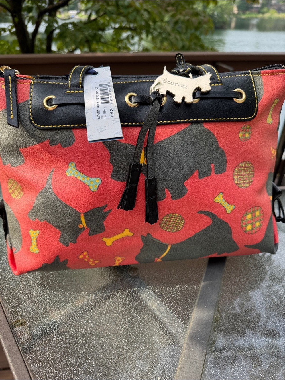 Dooney & Bourke Red Scottie Dog Pattern Tote with Black Trim
